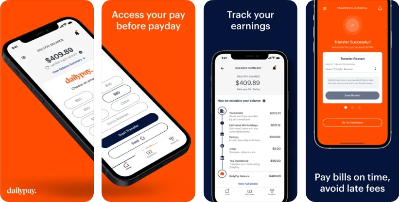 DailyPay mobile application showing earned wage access interface